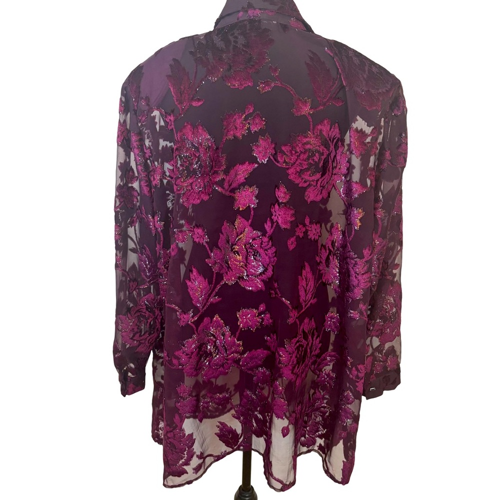 Burgundy Purple Burnout Velvet Floral Button Up Sheer Shirt Top 2X Whimsigoth - Picture 2 of 13